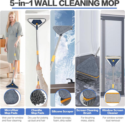 80" Wall Cleaner Mop with Long Handle, Sunoyar 5-in-1 Walls Washer for Baseboard Duster Ceiling Painted Wall, 360°Rotation Wall Cleaning Tool Kit with Squeegee Chenille Microfiber Pad Brush Scraper