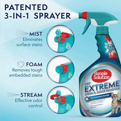 Simple Solution Extreme Pet Stain and Odor Eliminator Spray, Enzymatic Cleaner With 3X Pro-Bacteria Cleaning Power for Dogs & Cats, Strong Urine, Pee and Poop Smell Remover for Carpets & Floors, 32 oz