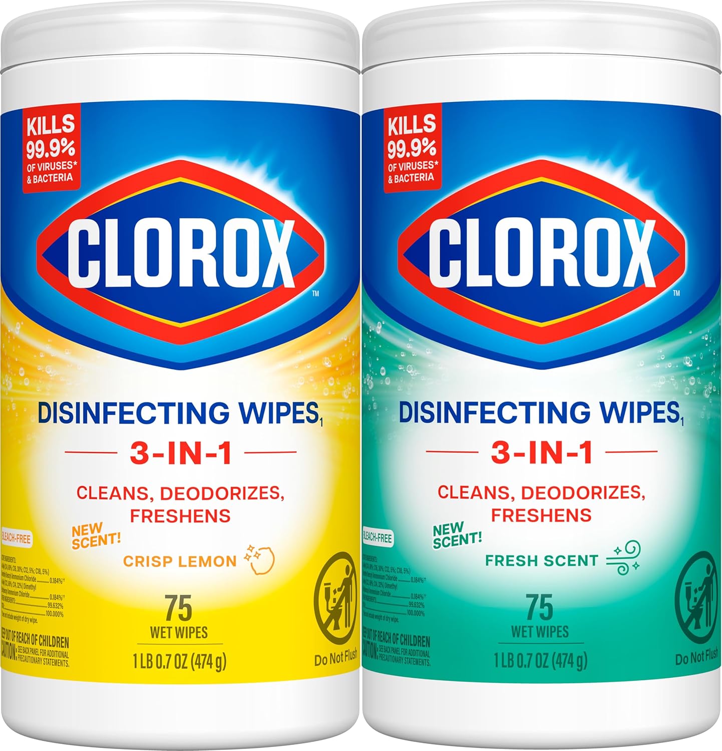 Clorox Disinfecting Cleaning Wipes for Spring Cleaning & Allergy Season, Bleach Free, Fresh Scent and Crisp Lemon, 75 Count Each, Pack of 4