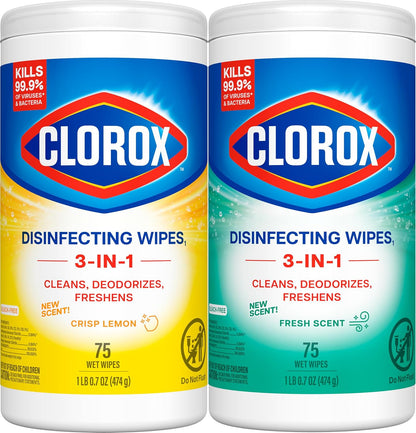 Clorox Disinfecting Cleaning Wipes for Spring Cleaning & Allergy Season, Bleach Free, Fresh Scent and Crisp Lemon, 75 Count Each, Pack of 4