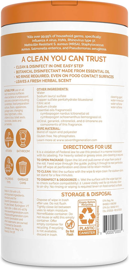 Seventh Generation Disinfecting Multi-Surface Wipes, Lemongrass Citrus, 70 Count, Pack of 3 (Packaging May Vary)