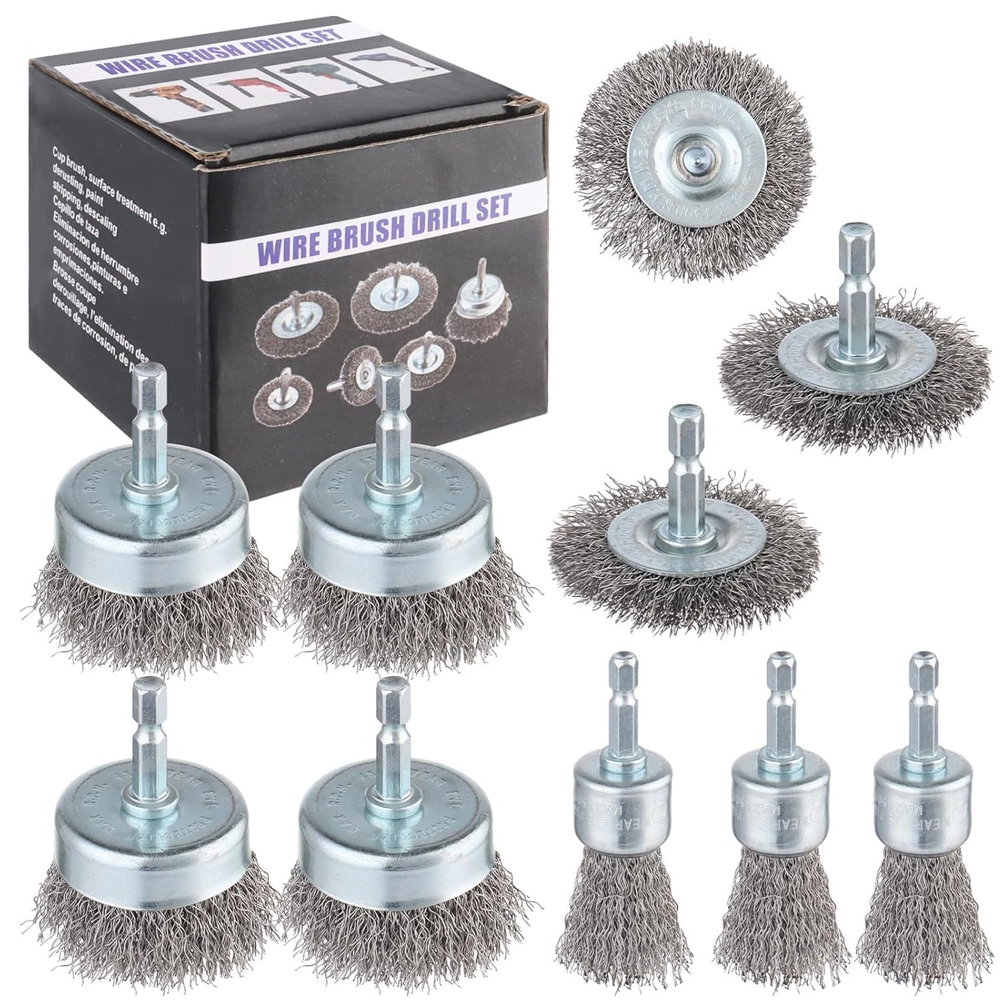 Rocaris 6 Pack Carbon Steel Wire Wheel and Pen Brush Set with 1/4-Inch Hex Shank for Rust Removal, Corrosion and Scrub Surfaces