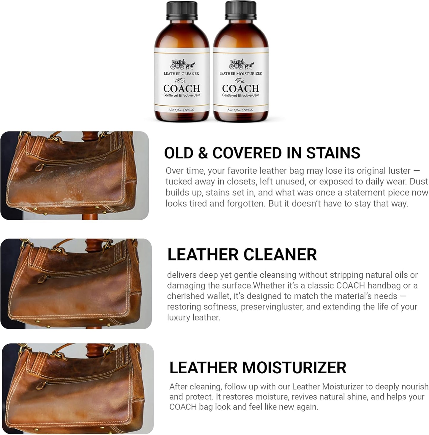 Leather Cleaner & Moisturizer Set for Coach, Gentle Formula to Remove Stains & Restore Shine, Keeps Leather Looking Like New, 120ml x2