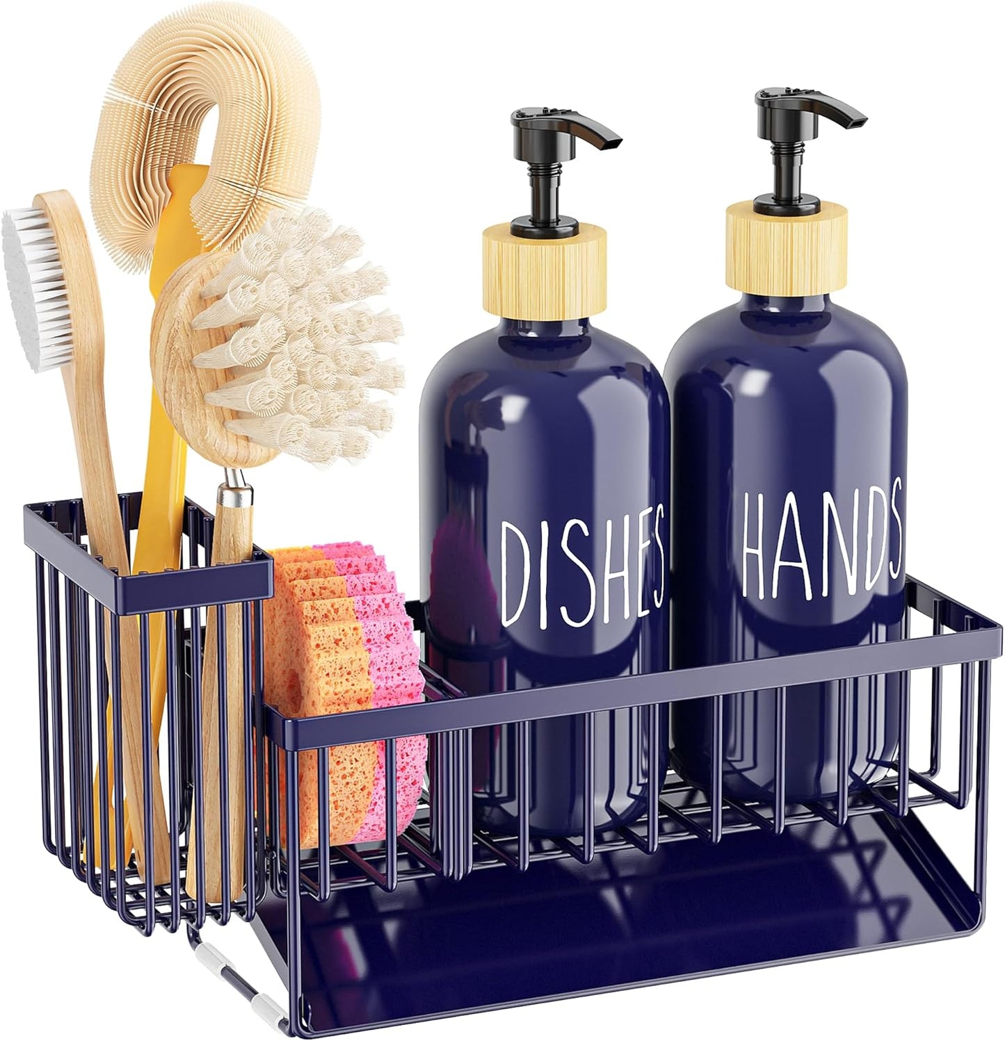 Cisily Kitchen Dish Soap Dispenser Set with 2 Pack 16.9oz Black Glass Bottle and Sponge Holder, Dish Soap Dispensers with Adjustable Sponge Holder, Vintage Hand and Dish Soap Dispensers Set