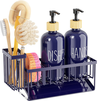 Cisily Kitchen Dish Soap Dispenser Set with 2 Pack 16.9oz Black Glass Bottle and Sponge Holder, Dish Soap Dispensers with Adjustable Sponge Holder, Vintage Hand and Dish Soap Dispensers Set