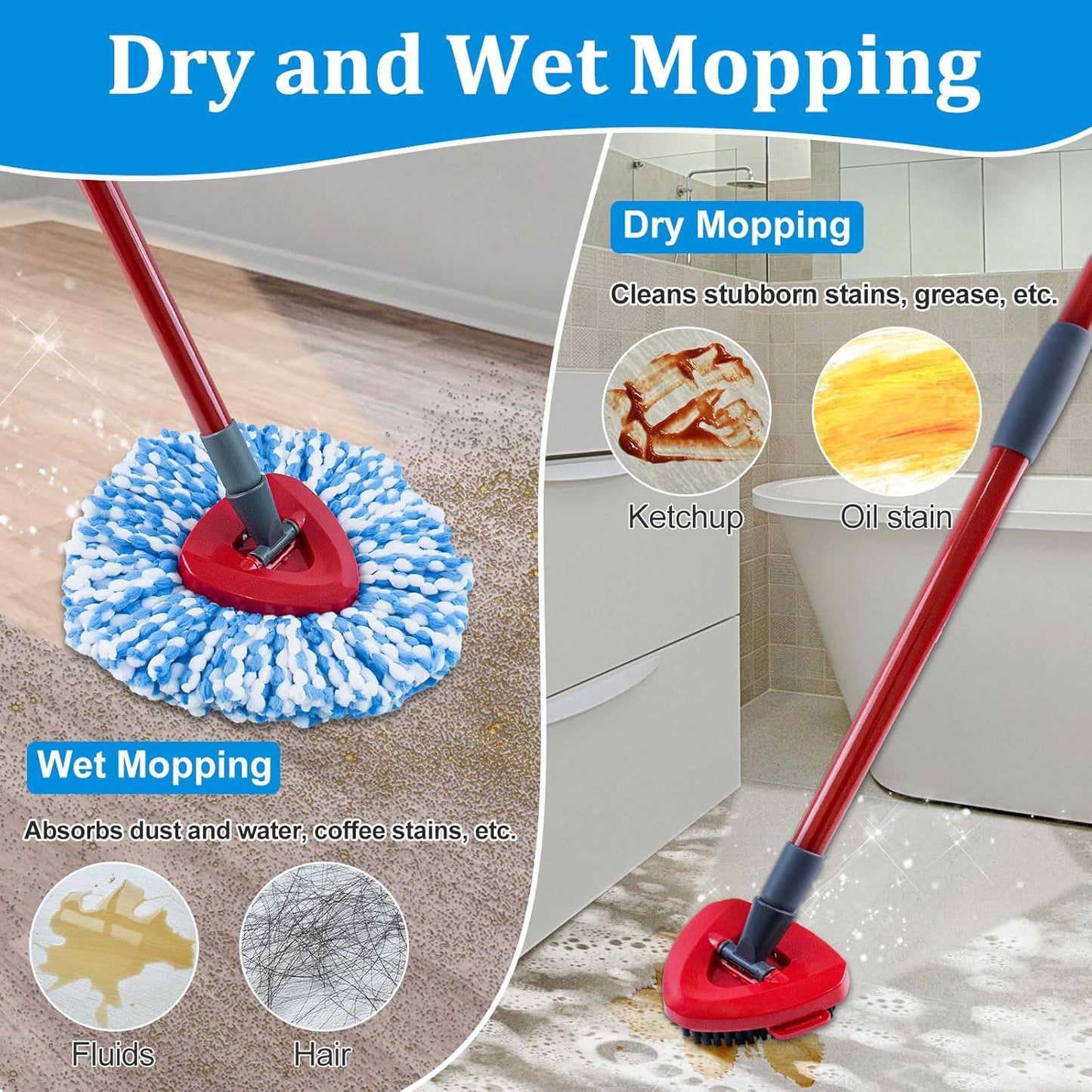 Mop Heads Replacements for Ocedar, Mop Replace Head for O Cedar EasyWring 1-Tank Spin Mop, 6 Mop Heads Include 3 Microfiber Mop Refills, 2 Upgrade Scrubber Mop Head, 1 Mop Base for O-Cedar Mop