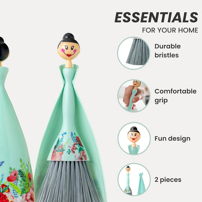 Vigar Mini Broom and Dustpan Set - Small Broom and Dustpan, Hand Broom for Desk, Kitchen, Car, Crumb Brush for Dust & Pet Hair, Decorative Doll Design, Portable Dust Pan Brush for Indoor - Turquoise