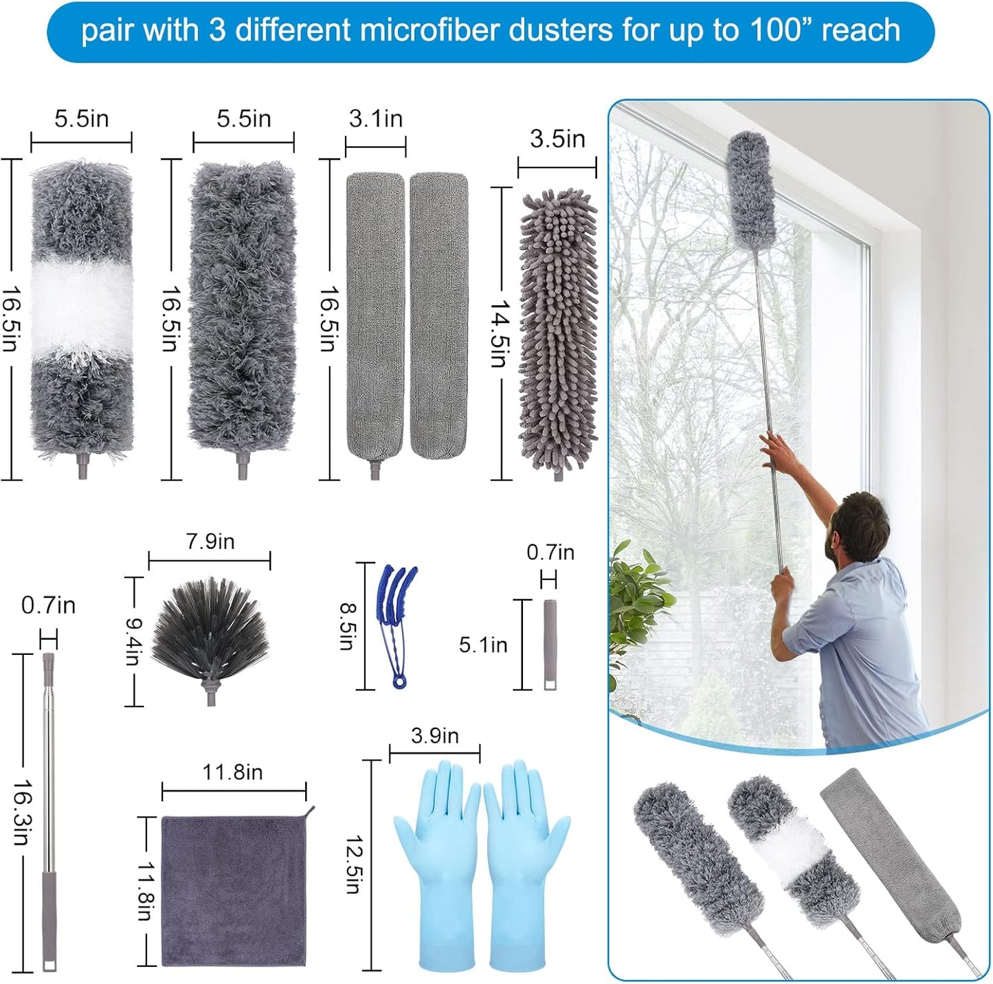 Microfiber Extendable Feather Duster (11pcs) with 100" Extension Pole, Washable Reusable Bendable Dusters for Cleaning Ceiling Fan, High Ceiling, TV, Blinds, Cars