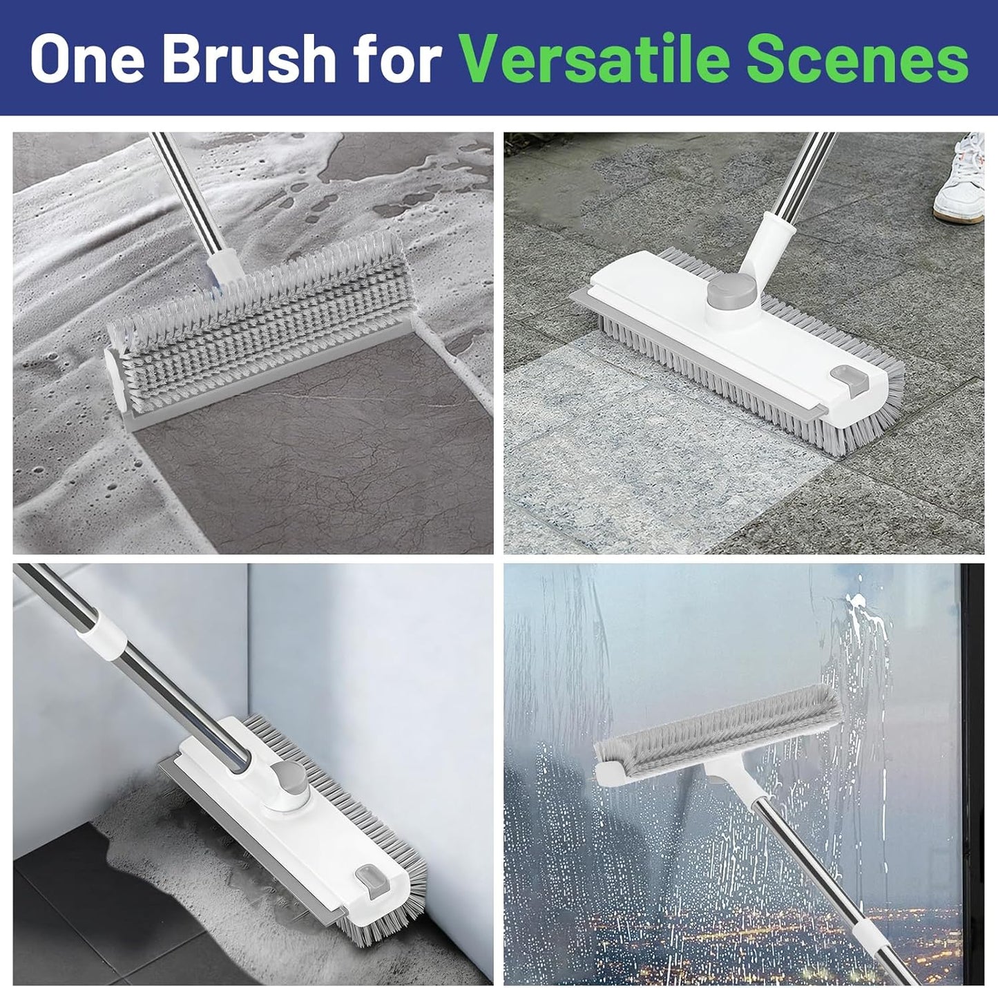 Floor Scrub Brush with Long Handle: 3 in 1 Heavy-Duty Floor Scrubber Brush with Squeegee for Cleaning Tile Bathroom Deck Kitchen Patio - Blue