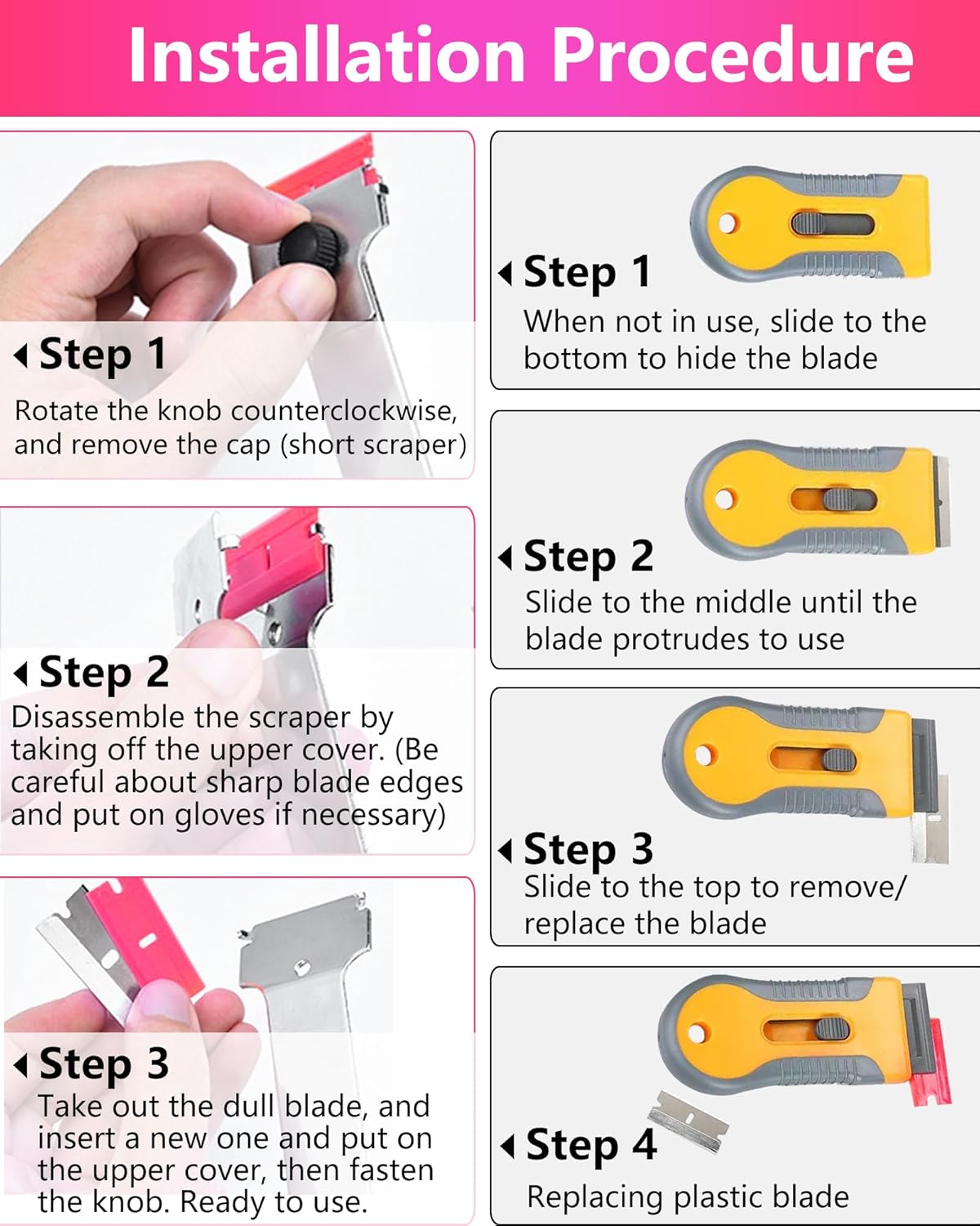 2 Pack Razor Blade Scraper with 10 Plastic and 20 Metal Blades for Removing Paint, Registration Sticker, Grease from Windshield, Glass Top Stove Cooktop Scraper