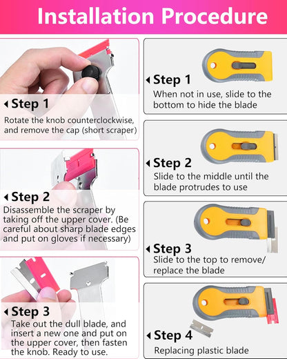 2 Pack Razor Blade Scraper with 10 Plastic and 20 Metal Blades for Removing Paint, Registration Sticker, Grease from Windshield, Glass Top Stove Cooktop Scraper