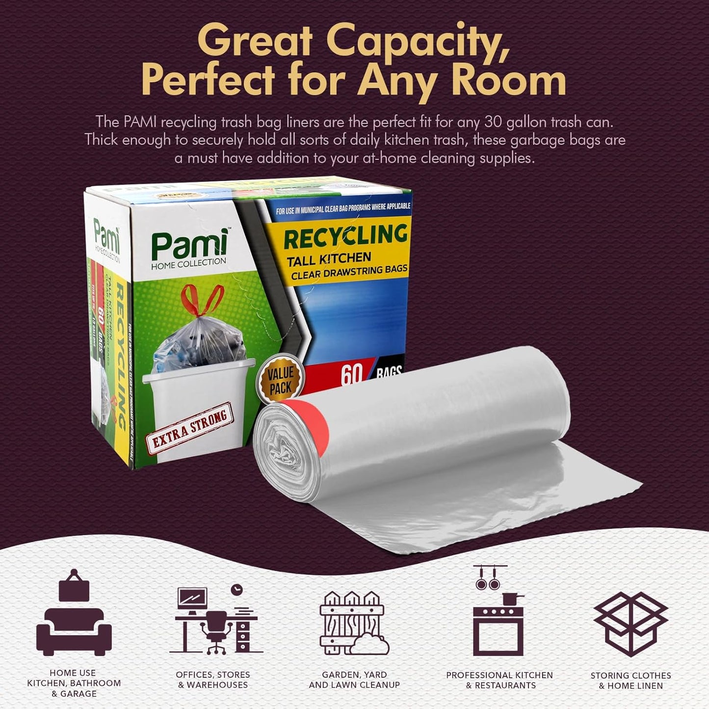 PAMI Recycling Tall Kitchen Drawstring Trash Bags- Extra-Strong Plastic Garbage Bags- Thick Trash Can Liners For Kitchen & Outdoor Bins- 2ft x2ft Unscented Trash Bags (13 Gallon – 60 Count – Clear)