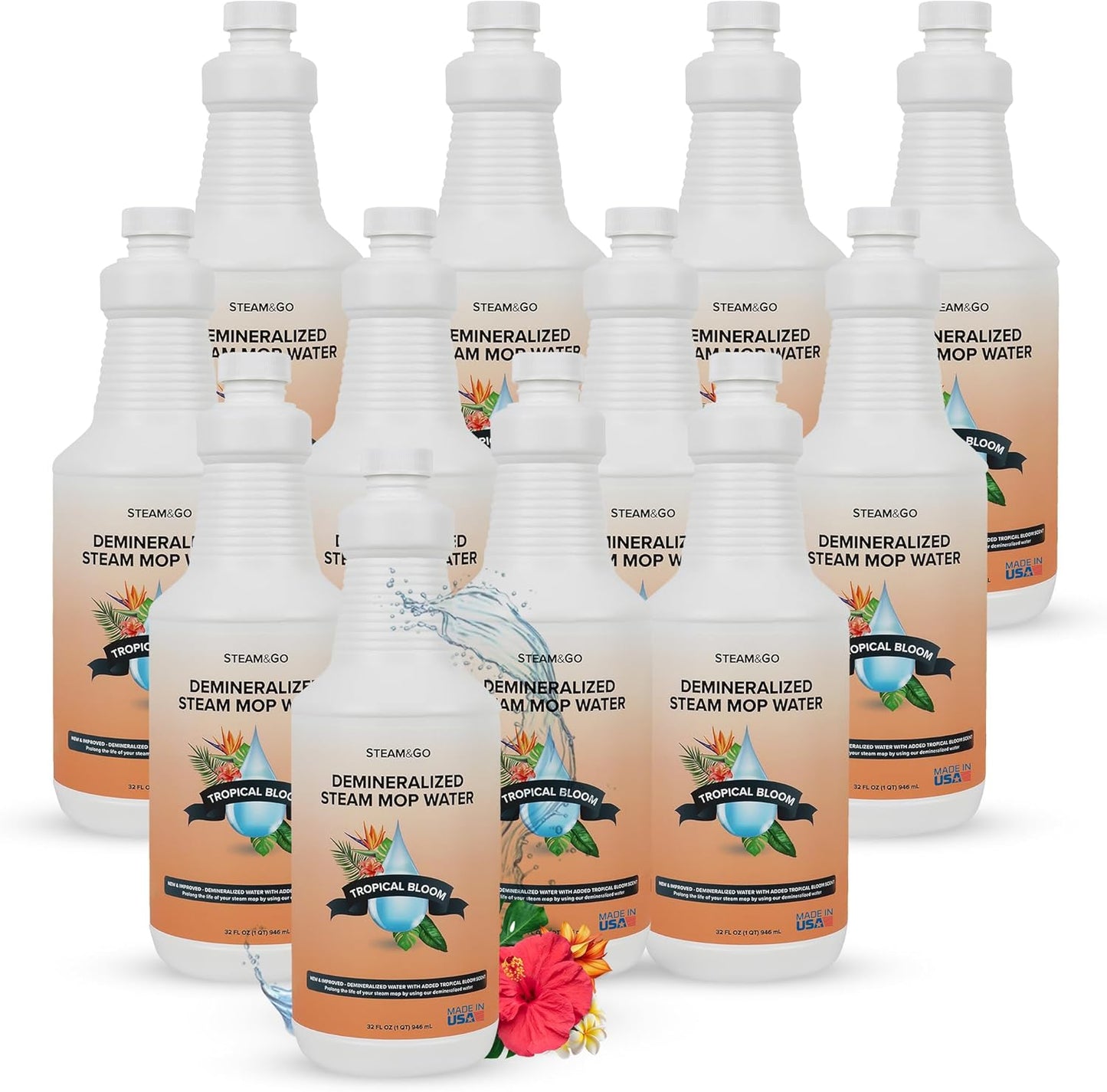 Steam & Go Demineralized Water for Steam Cleaner - PVC-Free Floor Cleaning Solution Compatible for All Steam Mops - Multi-Surface Cleaner for Home Surfaces - Tropical Bloom Scent, 32 oz