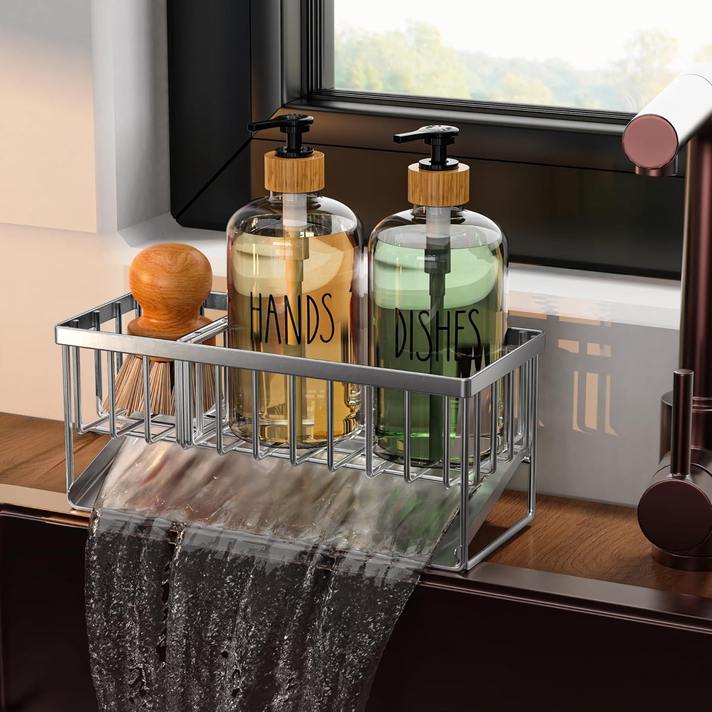 Cisily Kitchen Dish Soap Dispenser Set with 2 Pack 16.9oz Black Glass Bottle and Sponge Holder, Dish Soap Dispensers with Adjustable Sponge Holder, Vintage Hand and Dish Soap Dispensers Set