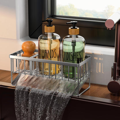 Cisily Kitchen Dish Soap Dispenser Set with 2 Pack 16.9oz Black Glass Bottle and Sponge Holder, Dish Soap Dispensers with Adjustable Sponge Holder, Vintage Hand and Dish Soap Dispensers Set