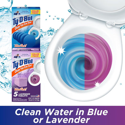 Ty-D-Bol Bleach-Free Toilet Bowl Cleaner Tablets Variety Pack - (10 Pack) 1.4 oz - 5 Lavender and 5 Blue Tablets - Fights Hard Water Stains, Mineral Buildup & Limescale - Bathroom Cleaning Supplies
