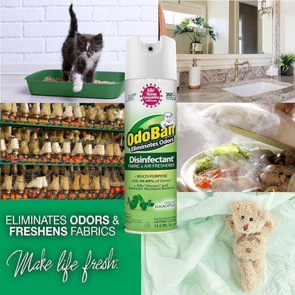 OdoBan Ready-to-Use 360-Degree Continuous Spray Disinfectant & Harsh Aroma Eliminator, Fabric and Air Freshener, Made in the USA, Original Eucalyptus Scent, 14.6 Ounces