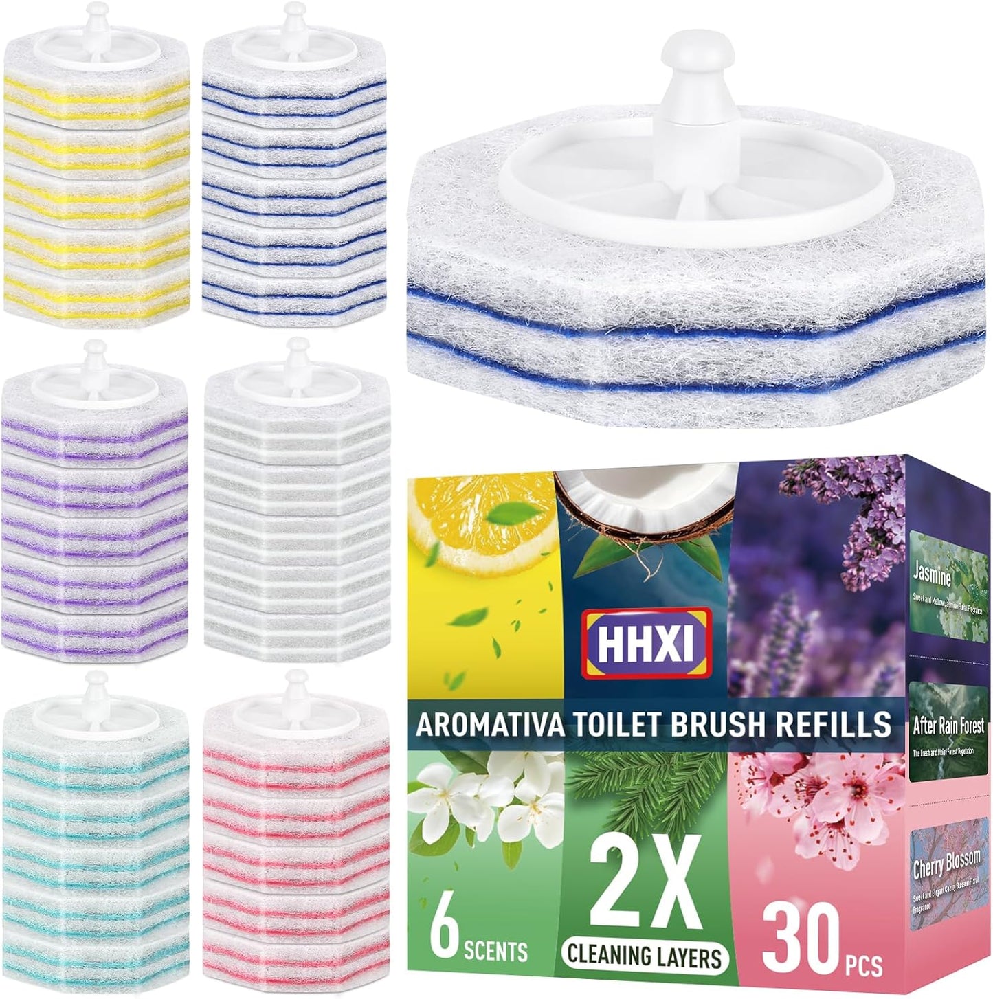 30Ct Aromative Toilet Brush Refills, Toilet Bowl Cleaner Refills, Double-Layer Cleaning Pads Added, Disposable Refill Heads for Toilet Bowl Cleaner Wands，Lemon, Blue Ocean, Lavender （Patented）