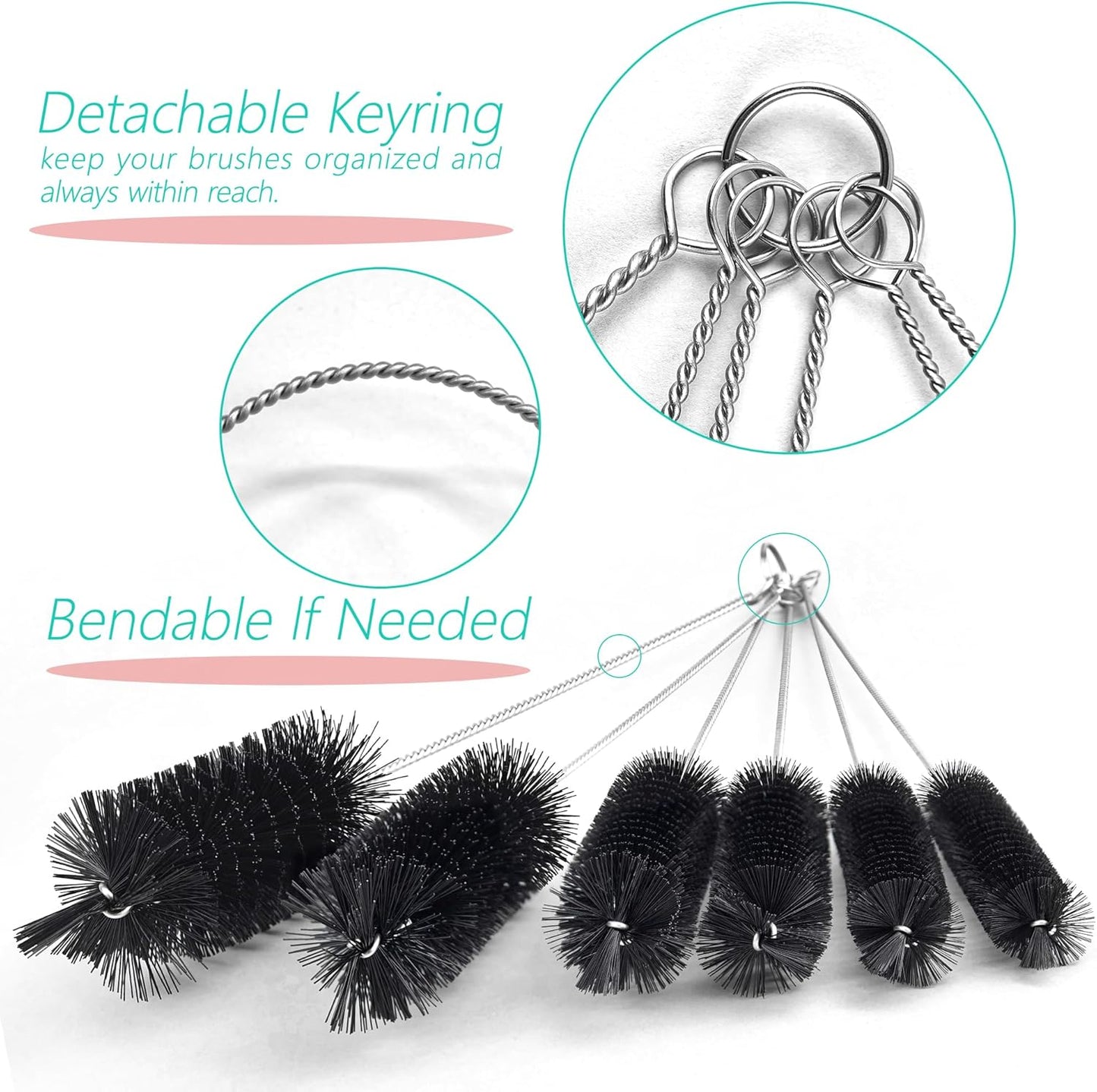 6 Pcs Straw Cleaner Brush Set, 12 Inch Long Pipe Tube Bottle Brushes for Narrow Neck Bottles, Hummingbird Feeders, Coffee Maker, Glass Cups - Includes Detachable Keyring