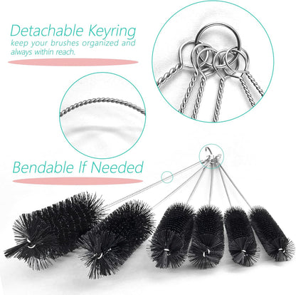 6 Pcs Straw Cleaner Brush Set, 12 Inch Long Pipe Tube Bottle Brushes for Narrow Neck Bottles, Hummingbird Feeders, Coffee Maker, Glass Cups - Includes Detachable Keyring