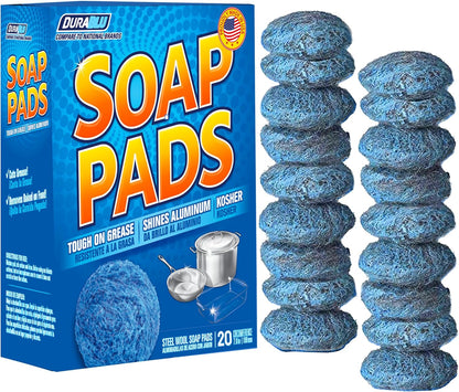 SCRUBIT 20 PK Steel Wool Soap Pads - [Updated Not-Kosher!] - Metal Scouring Cleaning Pads for Dishes, Pots and Ovens - Pre-Soaped scrubbing Pads for Easy Cleaning of Tough Kitchen Grease and Oil