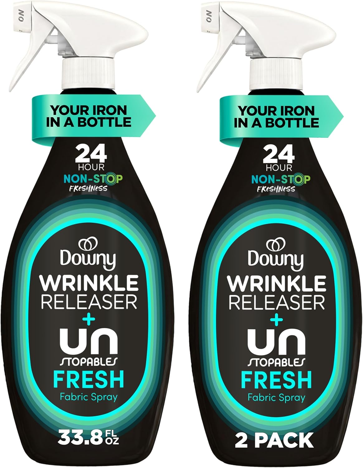 Downy Wrinkle Releaser Spray, All In One Wrinkle Release Spray, Odor Eliminator, Static Remover, Fabric Refresher & Ironing Aid for Clothes, 33.8 Fl Oz (Pack of 2), Unstopables Fresh Scent
