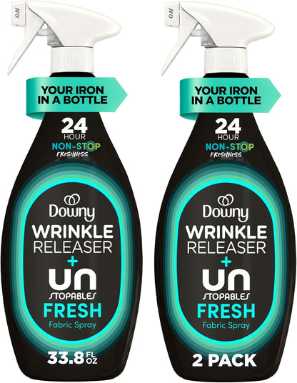 Downy Wrinkle Releaser Spray, All In One Wrinkle Release Spray, Odor Eliminator, Static Remover, Fabric Refresher & Ironing Aid for Clothes, 33.8 Fl Oz (Pack of 2), Unstopables Fresh Scent