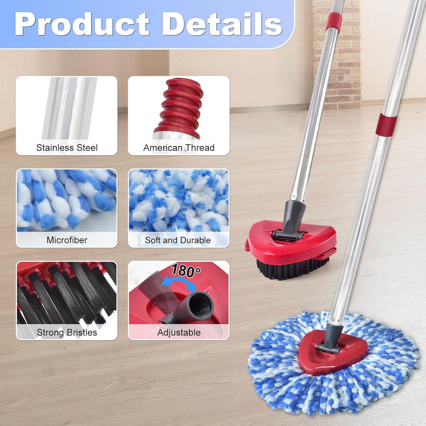 Spin Mop Replace Head, Base, Mop Handle Replacement for OCedar EasyWring 1 Tank System, Include 2 Microfiber Mop Head Replacement, 1 Sturdy Iron 30-58" Mop Handle, 1 Scrubber Head, 1 Spin Base