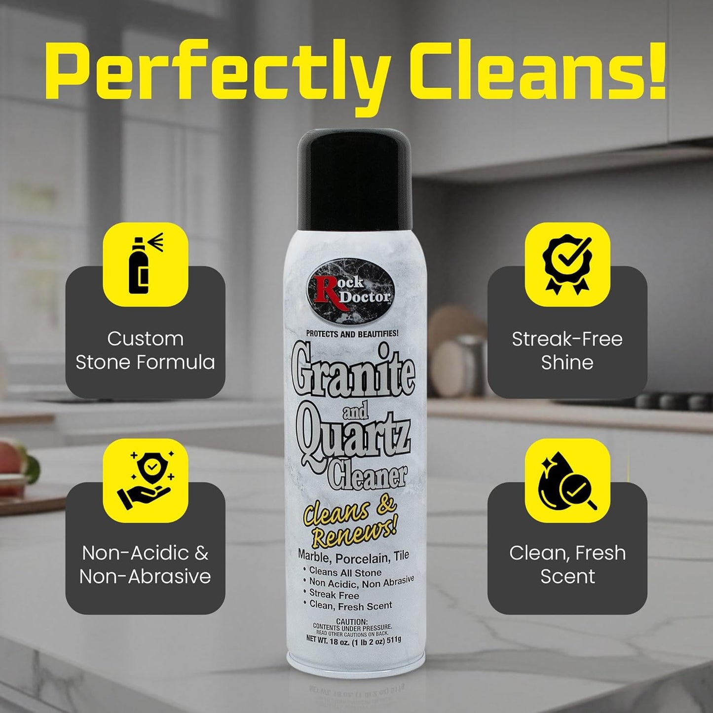 Rock Doctor Granite & Quartz Cleaner Spray 18 oz. Can, Cleans Tile, Marble, Kitchen Countertop, and Natural Stone Surfaces, Streak-Free Shine - Pack of 4