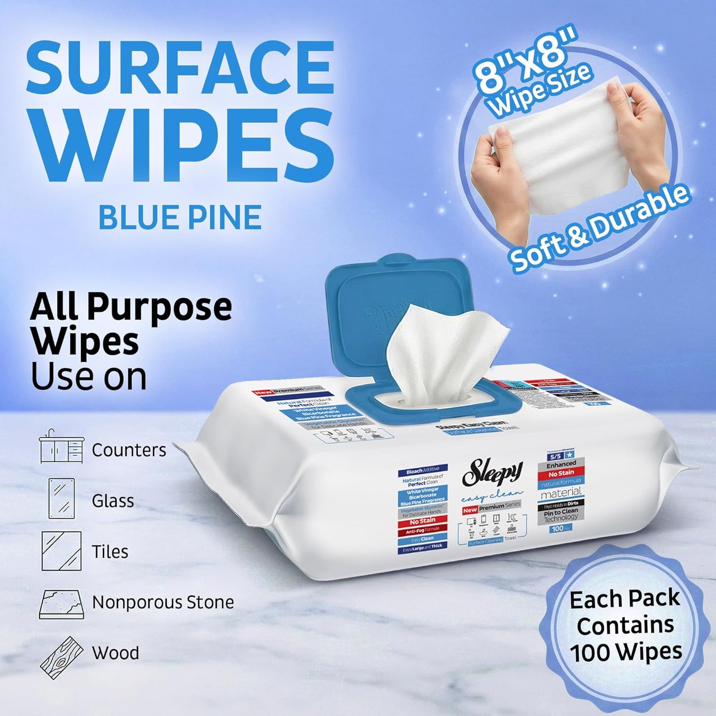 Sleepy Easy Clean XL Multi Surface Cleaning Wipes (100 Count) – Natural Vinegar & Baking Soda Formula – Jumbo 8"x8" All Purpose Wet Wipes for Kitchen, Bathroom, Glass & Electronics – No Streak