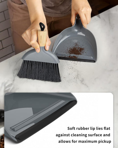 MR.SIGA Mini Dustpan and Brush Set, Portable Cleaning Brush and Dustpan Combo with Bamboo Handle, Black, 1 Set