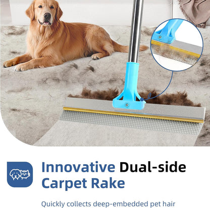 Carpet Rake for Pet Hair Removal - 54" Adjustable 2 in 1 Carpet Broom with Copper Rake Scraper & TPU Brush, Reusable Cat Dog Hair Remover Tool for Deep Cleaning Carpets, Rugs, Mats, and Stairs (Blue)