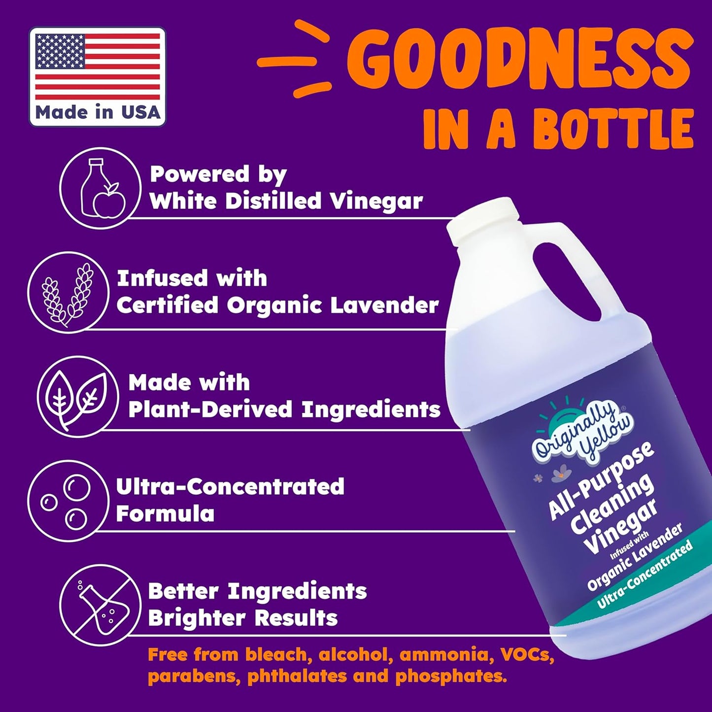 Originally Yellow Lavender White Vinegar For Cleaning Purpose | USA Made All Purpose Cleaner | Use as Glass, Kitchen & Floor Cleaner | Plant Derived Cleaning Vinegar 1 Gallon in 2 pack | 128 Oz