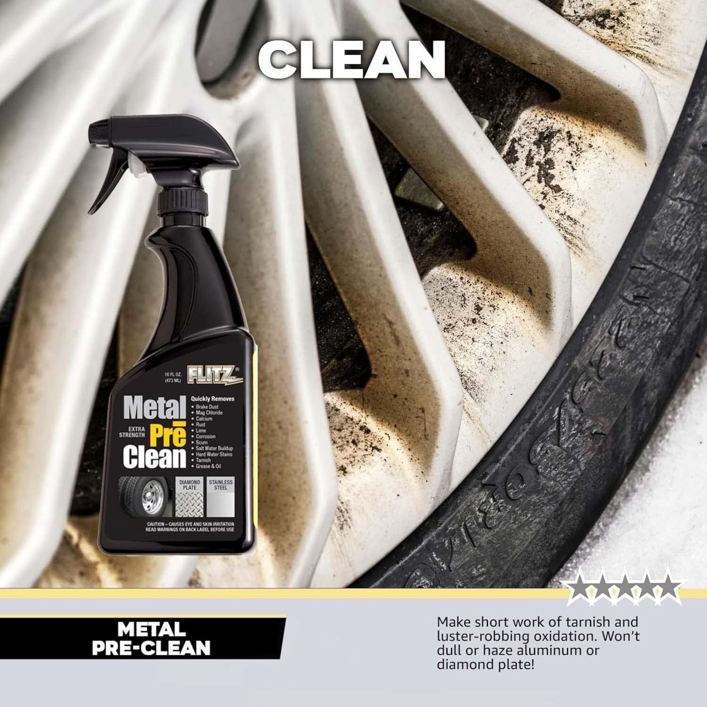 FLITZ Metal Pre-Clean - 16oz of USA-Made Stainless Steel Cleaner Spray - Works on Aluminum, Brass, Copper, & More - Tarnish, Rust Remover for Metals - Non-Abrasive Aluminum Deoxidizer (1 Pack)