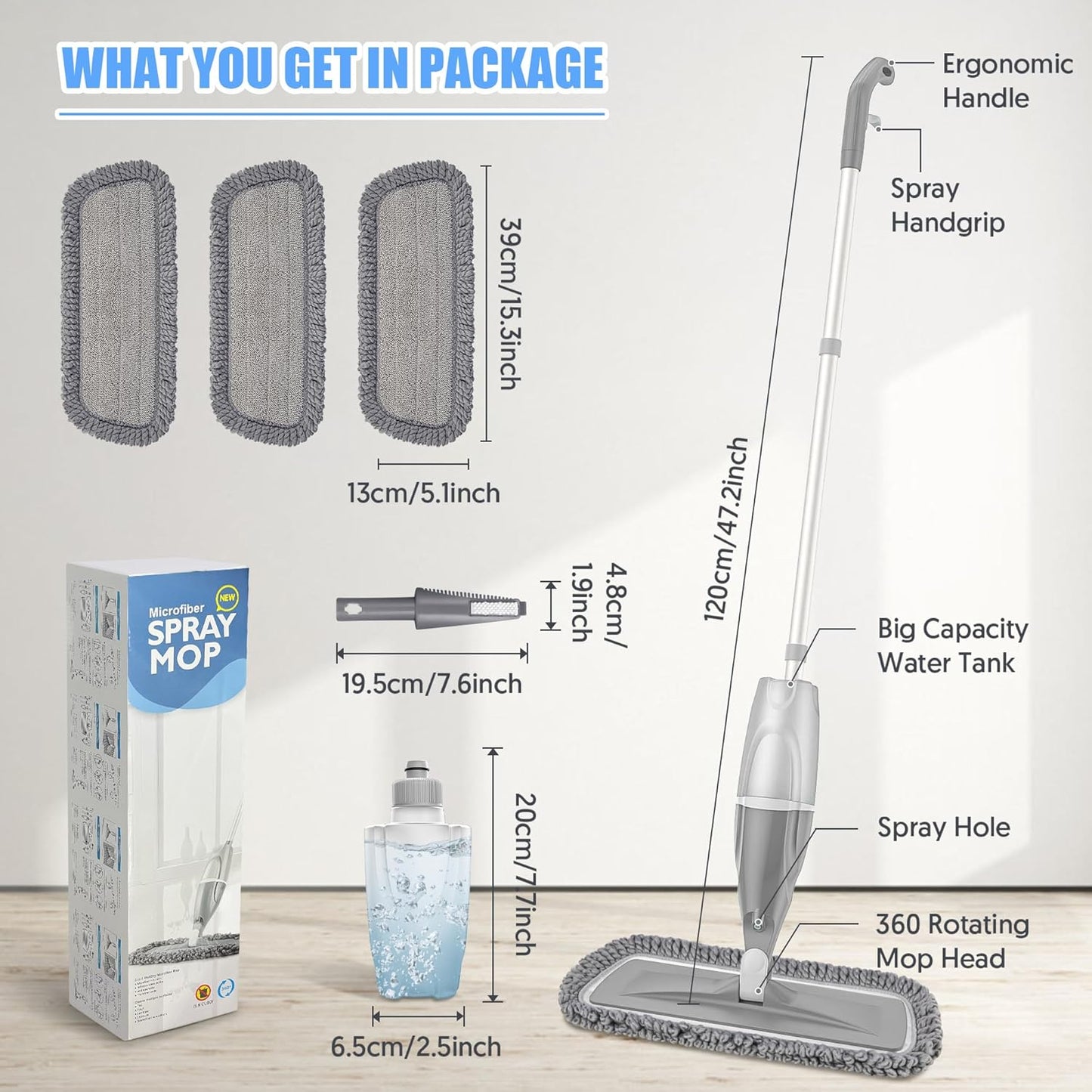 Microfiber Spray Mop for Floors Cleaning: Wet Dry Hardwood Floor Mops with 3 Washable Reusable Pads for Swiffer Powermop - Flat Mop with Sprayer for Tile Wood Laminate Vinyl Marble