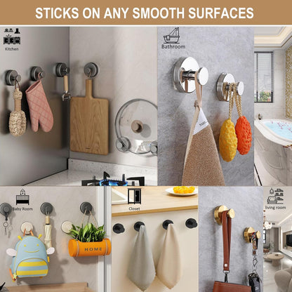 ZESLMG Adhesive Hooks for Shower, Chrome Self Sticky Hooks for Glass Window Kitchen Wall, Removable Bath Robe Loofah Door Wreath Coat Towel Hook No Damage for Hanging, 4 Pack