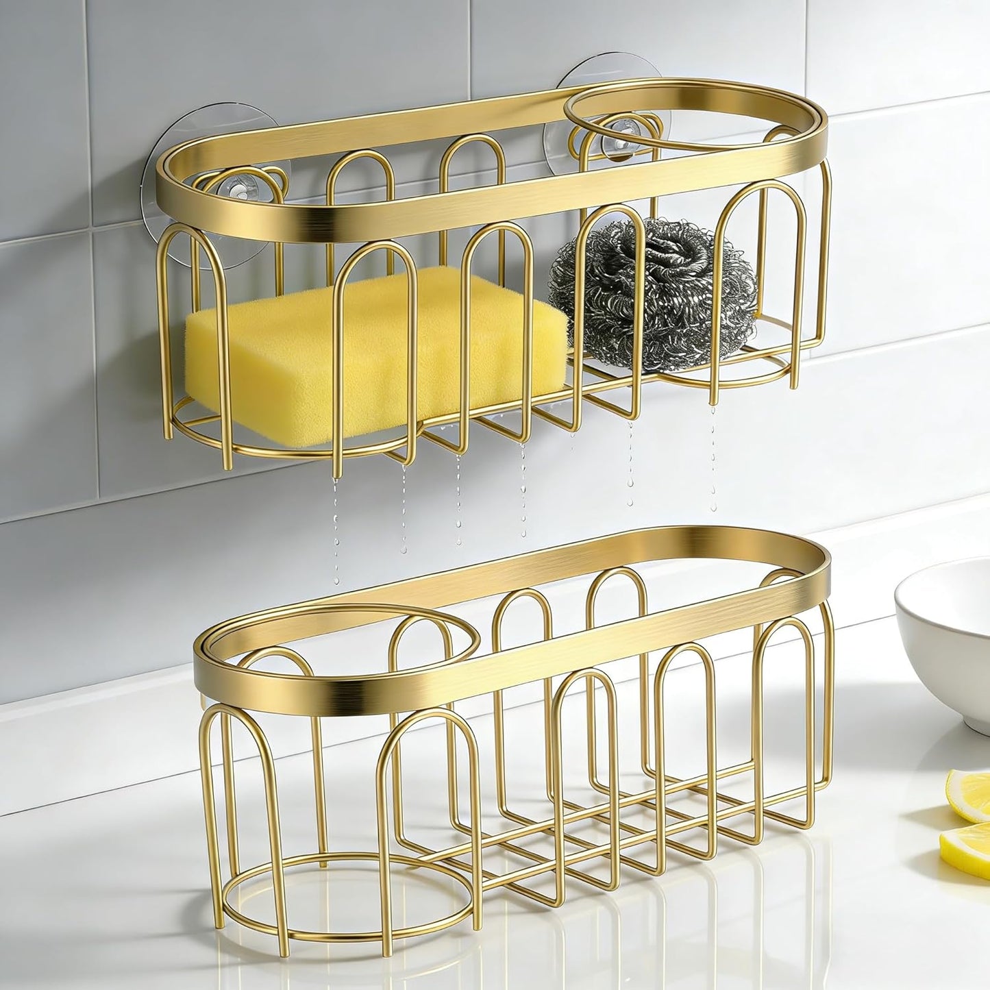 2Pcs Sponge Holder for Kitchen Sink, Gold Suction Cup Caddy, No-Drilling & Easy to Remove, 304 Stainless Steel, Heat-Resistant Sponge and Brush Holder, Bathroom Safe, Fit for Sponge/Soap/Dish Cloth