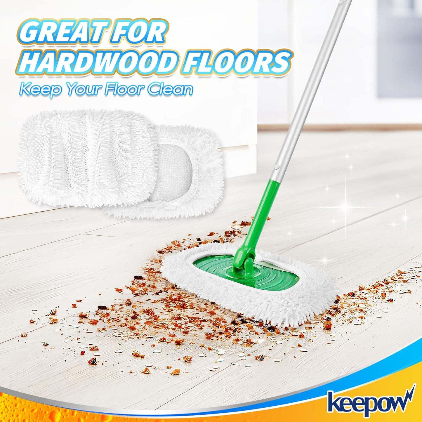 KEEPOW Reusable Microfiber Mop Pads Compatible with Swiffer Sweeper, Dry Sweeping Cloths, Washable Wet Mopping Cloth Refills for Hardwood Floor Cleaning, 6 Pack