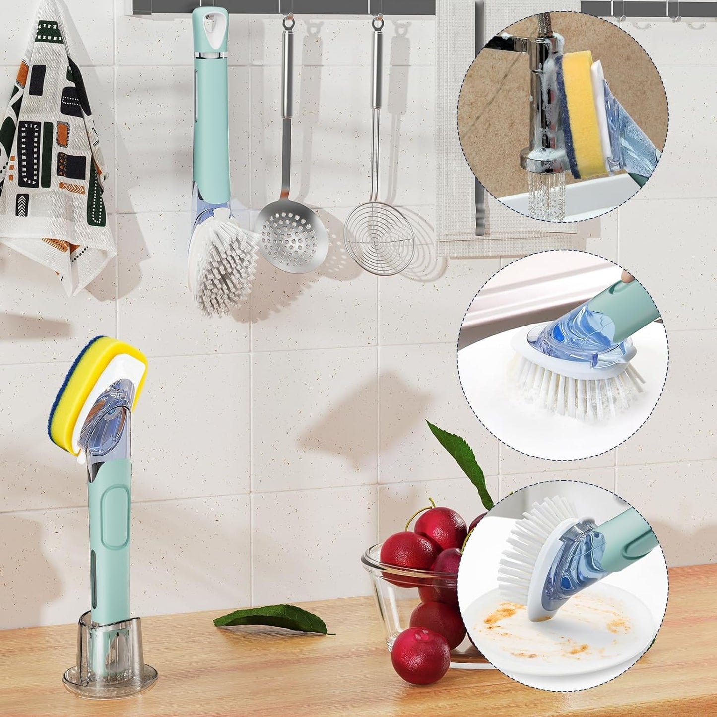 Dish Brush with Soap Dispenser Storage Set with 2 PCS Brush Refills & Holder, Dish Scrubber with Soap Dispenser, Dish Soap Brush, Dish Wand with Soap Dispenser for Dishes, Pans, Sink, Pots(Green)