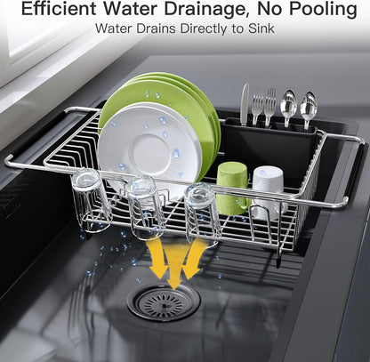JASIWAY Dish Drying Rack in Sink, Expandable Stainless Steel Dish Drainers for Kitchen Counter, Dish Dryer Rack for Inside Sink, Over The Sink Dish Racks with Utensil Holder, Silver