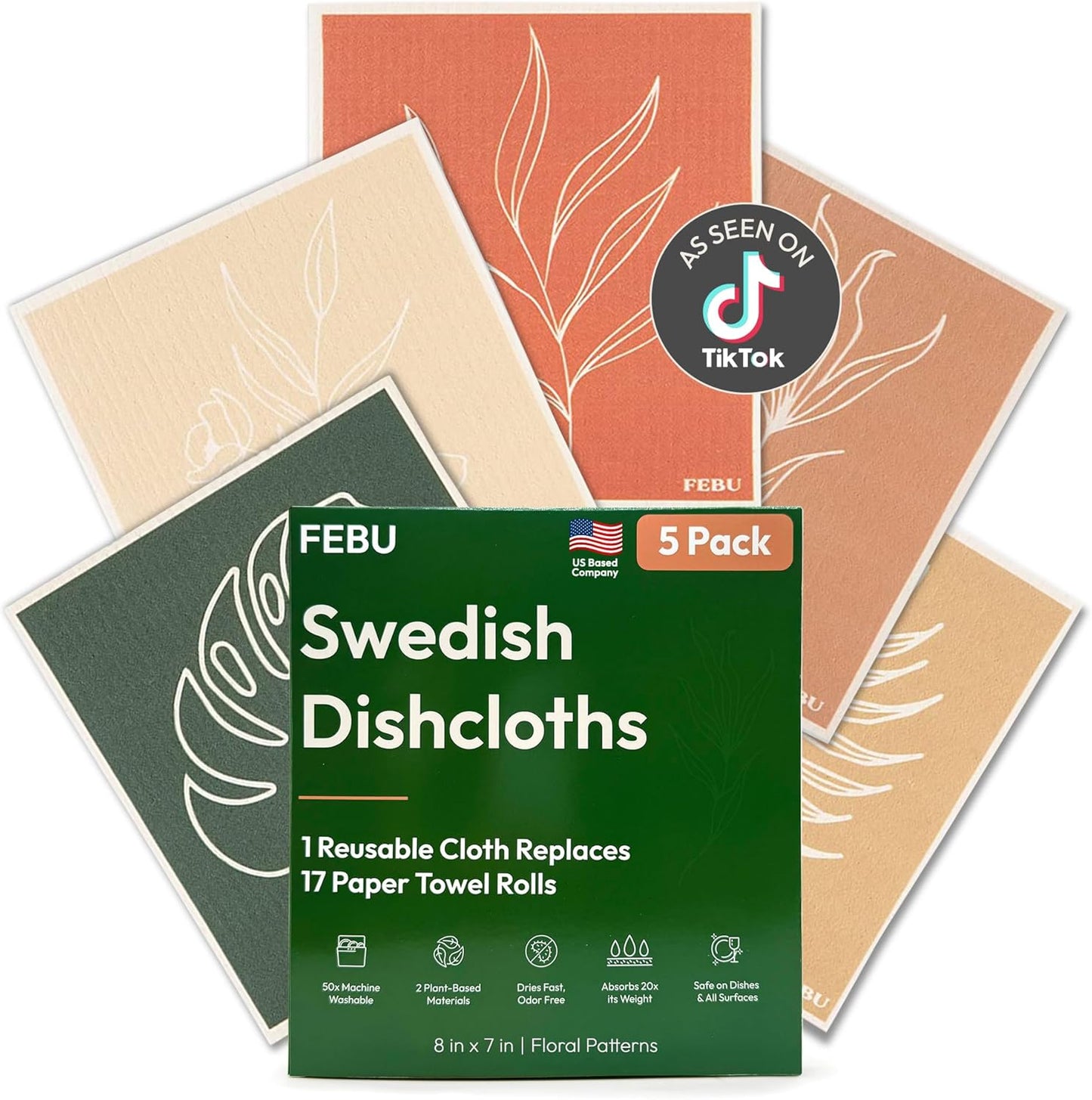 FEBU Swedish Dishcloths for Kitchen | 5 Pack Watercolor Reusable Paper Towels Washable | Swedish Dish Towels | Non-Scratch Cellulose Sponge Cloths | No Odor, Biodegradable Cleaning Cloths
