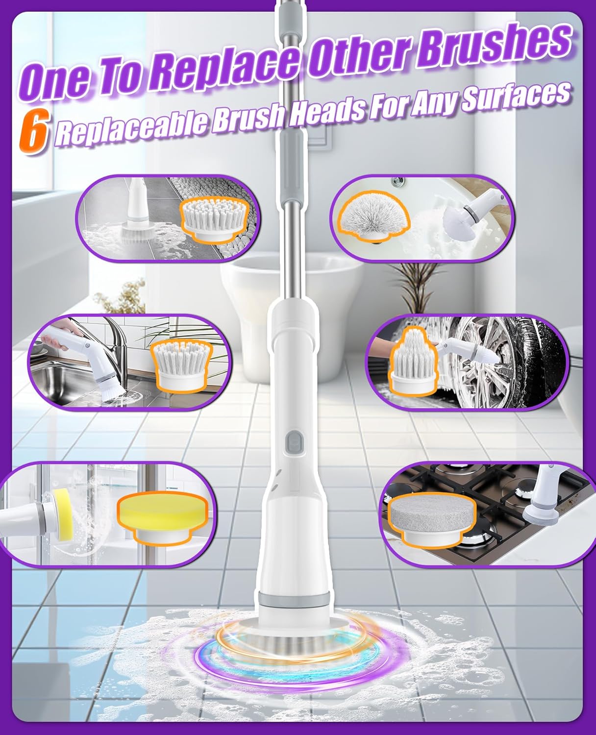 Electric Spin Scrubber, Cordless Cleaning Brush with 7 Replaceable Brush Heads, 2-Speed Adjustable Handle Shower Scrubber, IPX7 Waterproof for Bathroom, Tub, Tile & Floor, Teens, White-qb1...