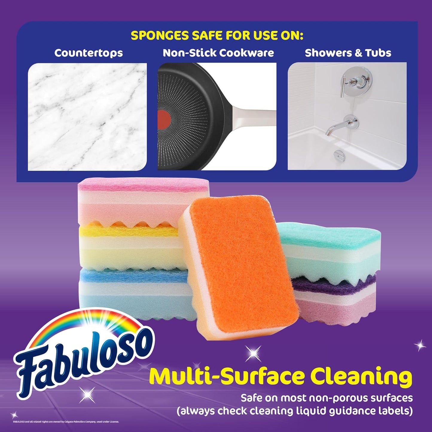 Fabuloso Scratch-Free Kitchen Dish Sponges, Purple Cellulose Scrubber Sponge with Scouring Pad for Dishes, Pots, Pans, Counters and Sinks, Tough on Messes, 4.25 x 2.75 x 1.25 in, 6 Count