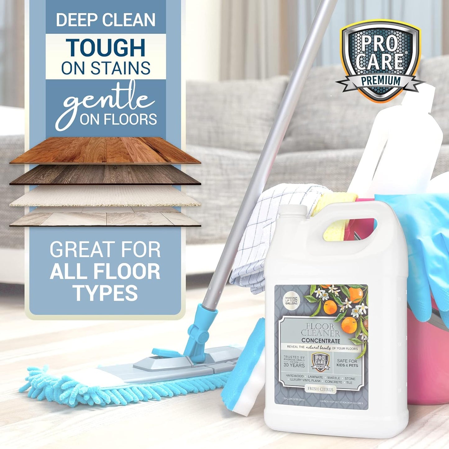 ProCare Floor Cleaner (Made in USA) | Tile, Stone, Laminate, Vinyl & Natural Wood Floor Cleaner for Mopping, Household Supplies, Cleaning Solution with Citrus Aroma - 1 Gal (128 Fl Oz)