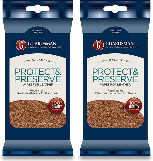 Guardsman Protect & Preserve Wipes for Leather 20 Wipes - Repels Stains, Retains Color and Softness, Great for Leather Furniture & Car Interiors - 2 Pack