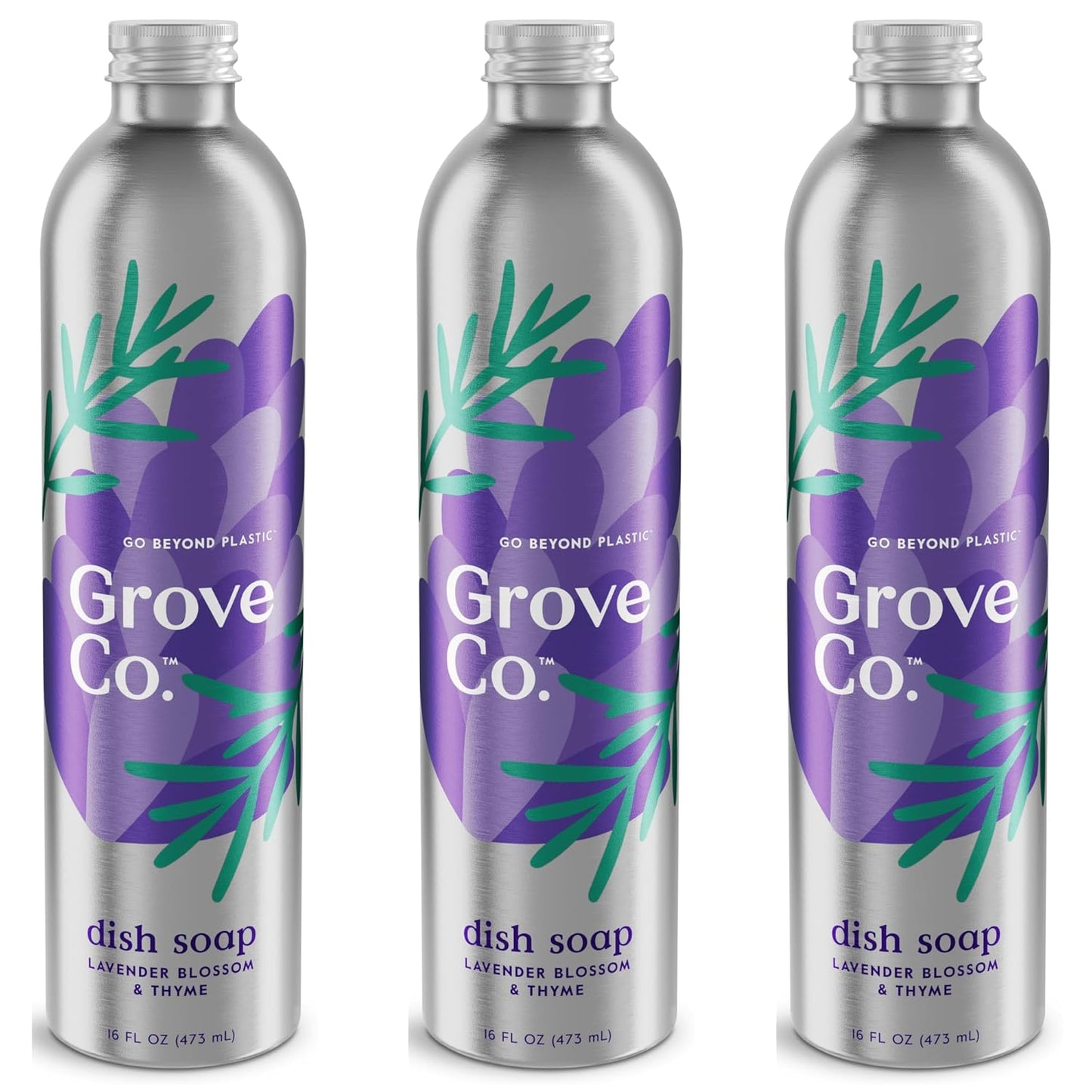 Grove Co. Ultimate Dish Soap Refills (3 x 16 Fl Oz) Removes 48-hr Stuck-on Food and Grease, Plastic Free Cleaning Products, 100% Natural Lavender Blossom & Thyme Fragrance, 1 pack