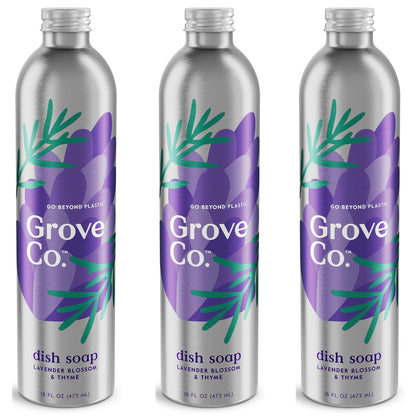 Grove Co. Ultimate Dish Soap Refills (3 x 16 Fl Oz) Removes 48-hr Stuck-on Food and Grease, Plastic Free Cleaning Products, 100% Natural Lavender Blossom & Thyme Fragrance, 1 pack