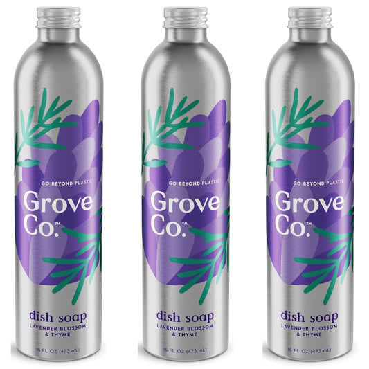 Grove Co. Ultimate Dish Soap Refills (3 x 16 Fl Oz) Removes 48-hr Stuck-on Food and Grease, Plastic Free Cleaning Products, 100% Natural Lavender Blossom & Thyme Fragrance, 1 pack