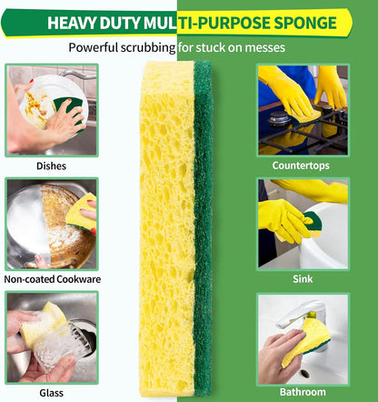 Non-Scratch Cellulose Scrub Sponges 12 Pack, Sponges Kitchen with Double-Side & Ergonomic Design for Dishes, Coated Cookware, Sink & Countertops.