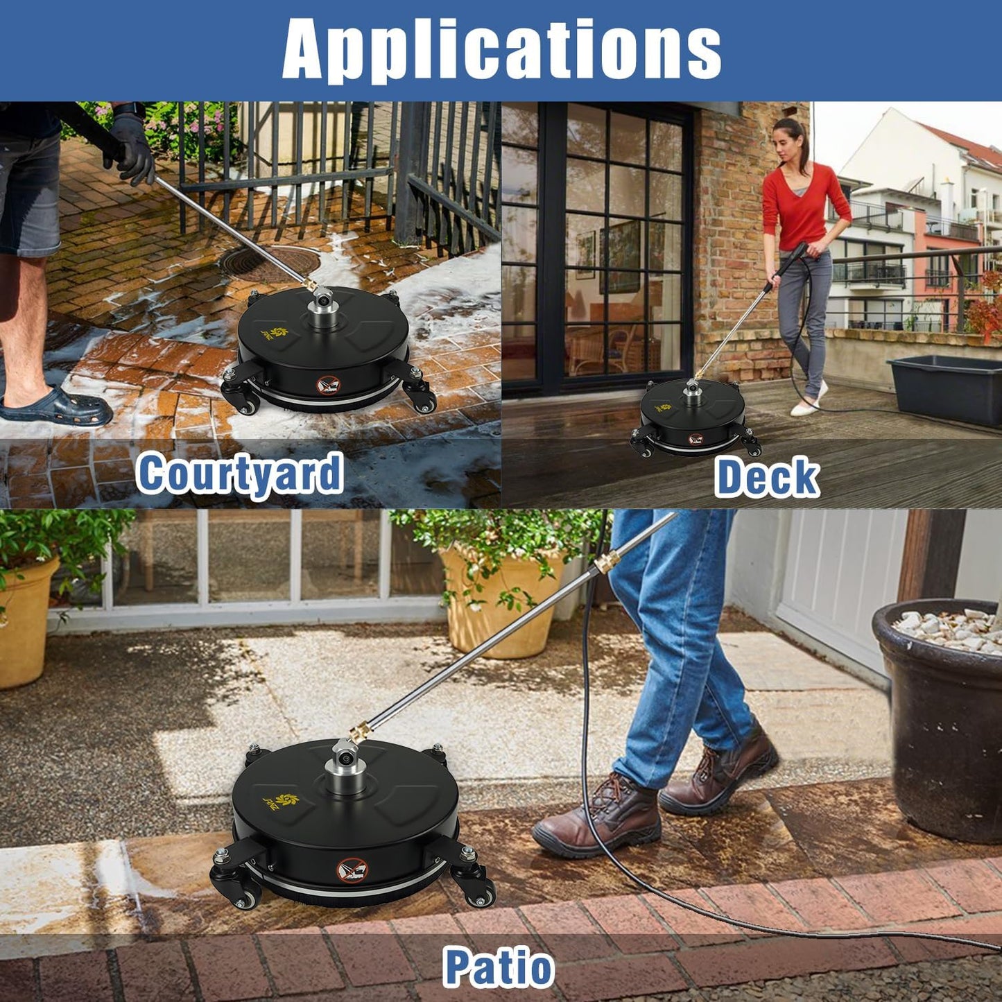 janz 14" Pressure Washer Surface Cleaner with 4 Wheels, Stainless Steel Housing, 1/4" Quick Plug, 2 Extension Wands, 2 Replacement Nozzles and 3 Spray Nozzles, 4000 PSI